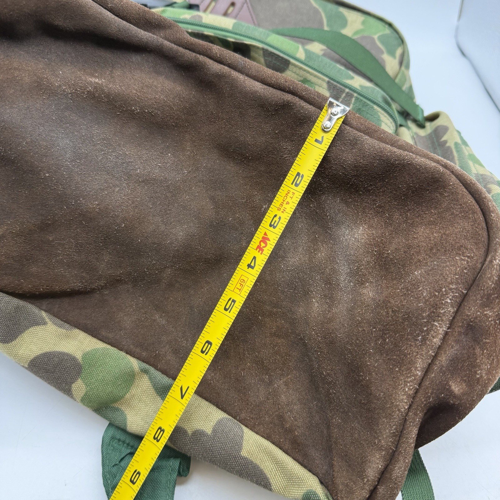 Vintage Cabela’s Hunting Backpack Suede Leather Bottom Frogskin Camo Green Brown