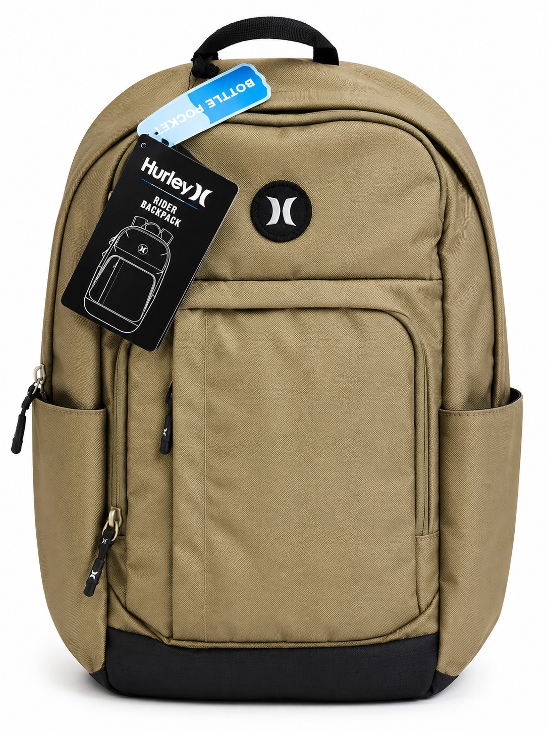 Hurley Khaki Backpack One Size Zip Closure Bottle Pocket Unisex Adults