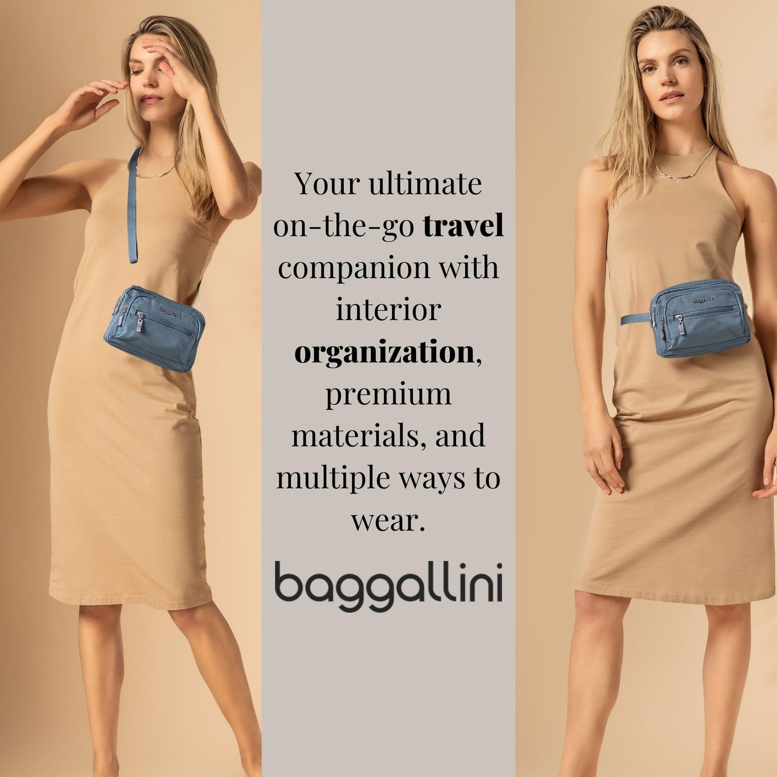 Baggallini Triple Zip Small Crossbody Bag for Regular Strap, Hibiscus Pink
