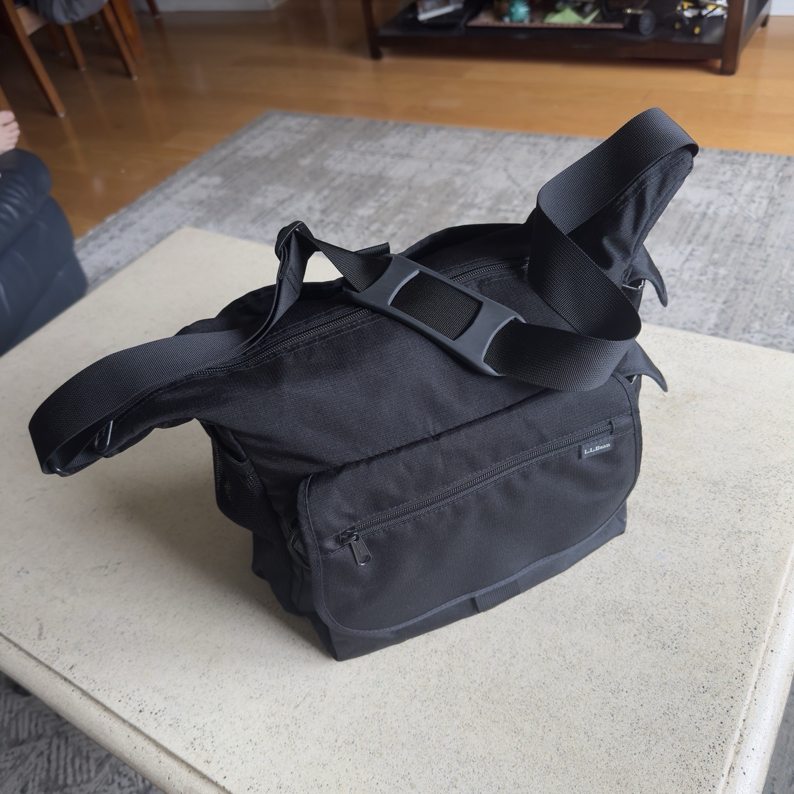 LL Bean Shoulder Bag Black Ripstop Nylon Side Carry Pack Outdoors Hike Camp