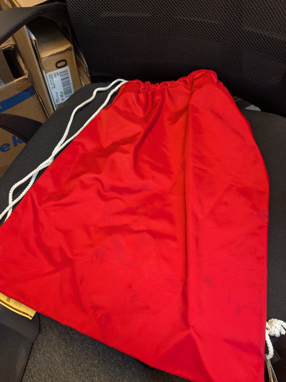 Rugged Nylon Drawstring Bag. Red Color. Waterproof. Rubber Backing.
