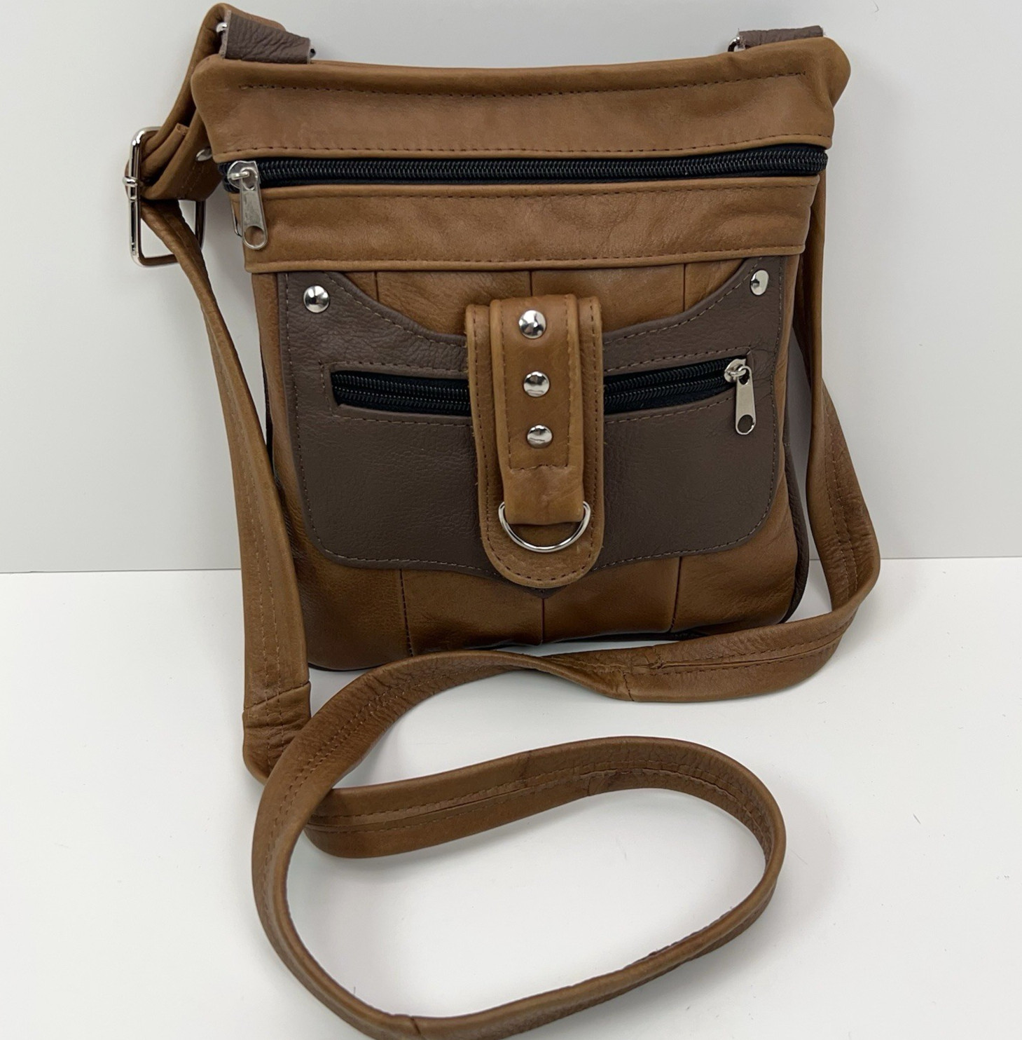 MEXICAN LEATHER Crossbody Bag Handmade Studs MultiZip Pockets Patch Buckle Purse