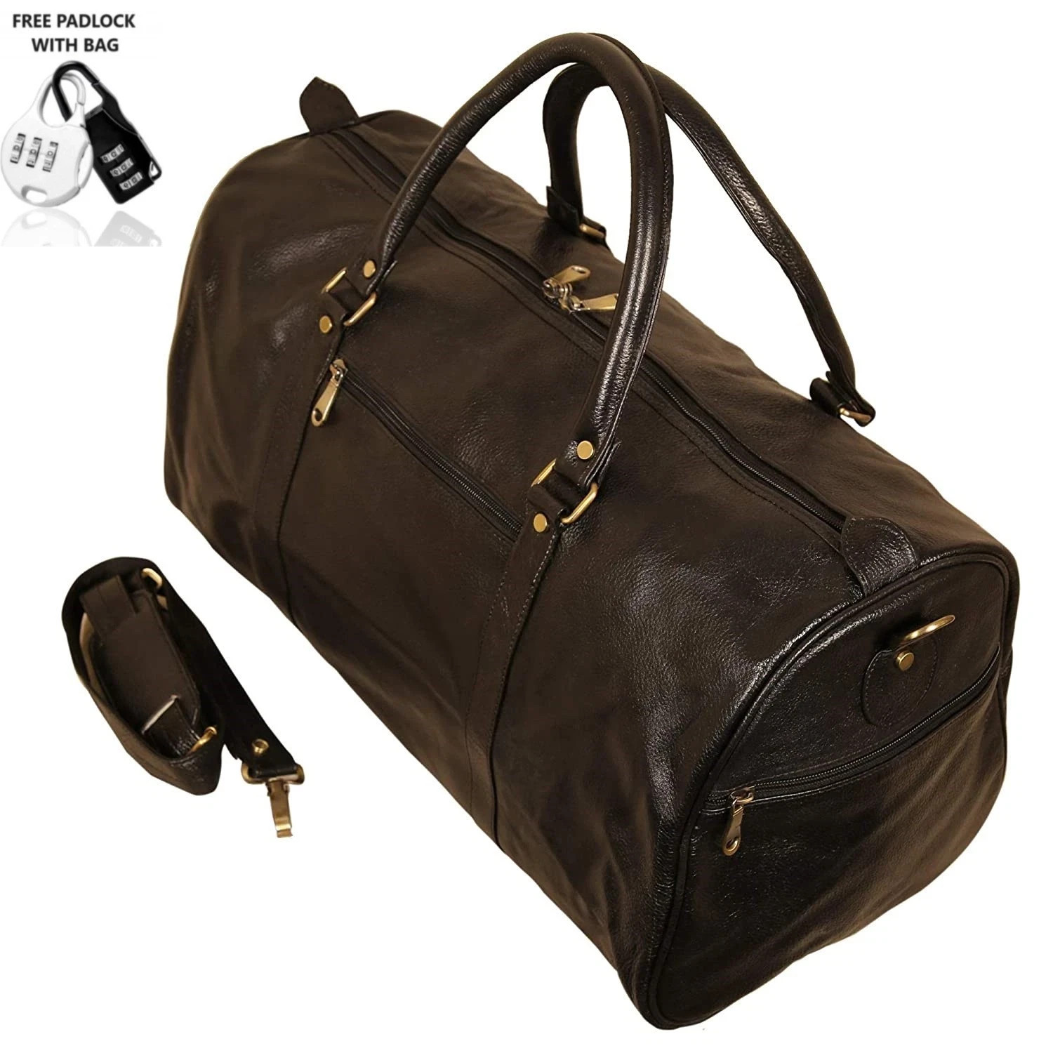 Full Grain Real Leather Duffel Travel Bag for Holiday Weekend with Padlock
