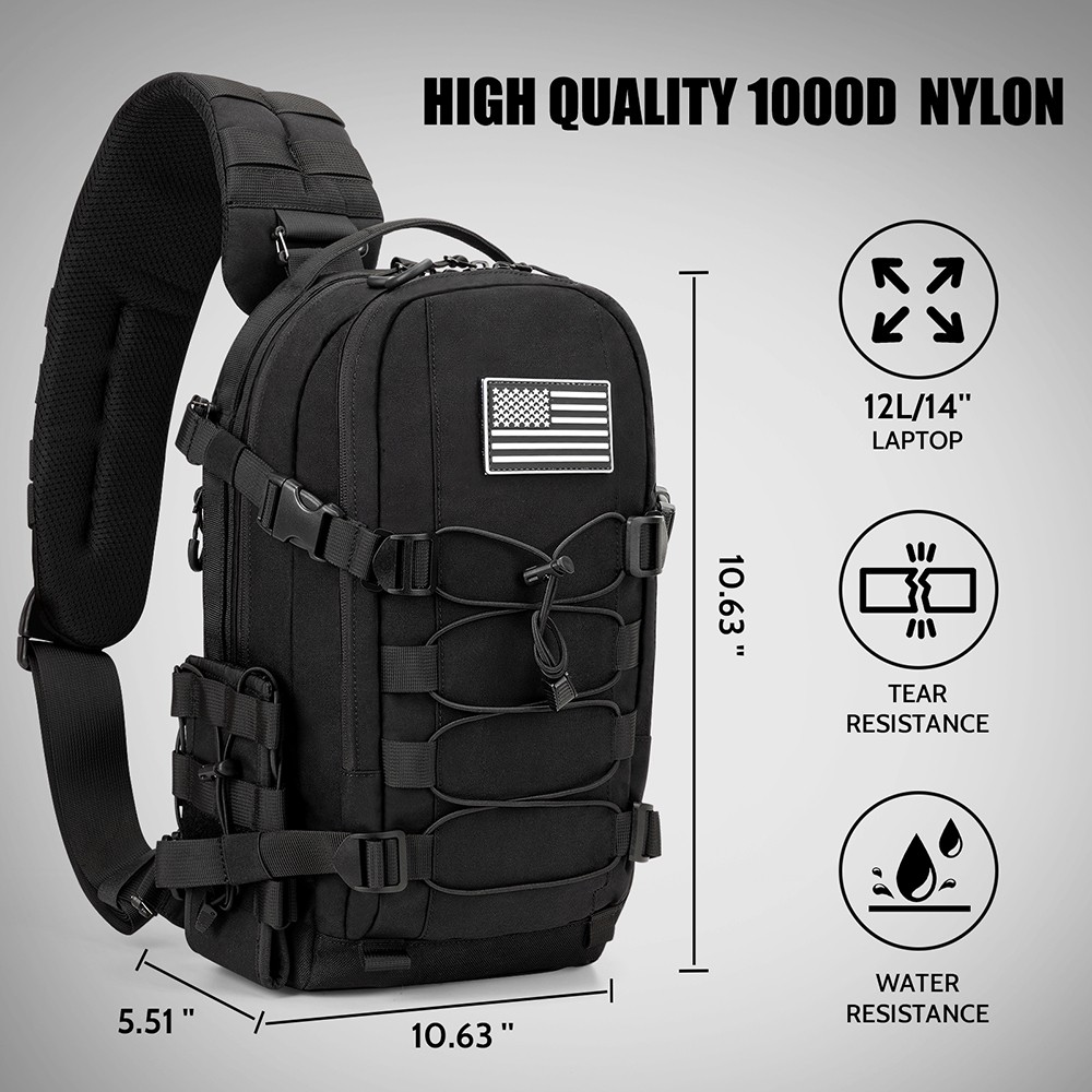 Tactical Sling Bag for Men:12L EDC CCW Concealed 2-in-1 Shoulder Bag Backpack