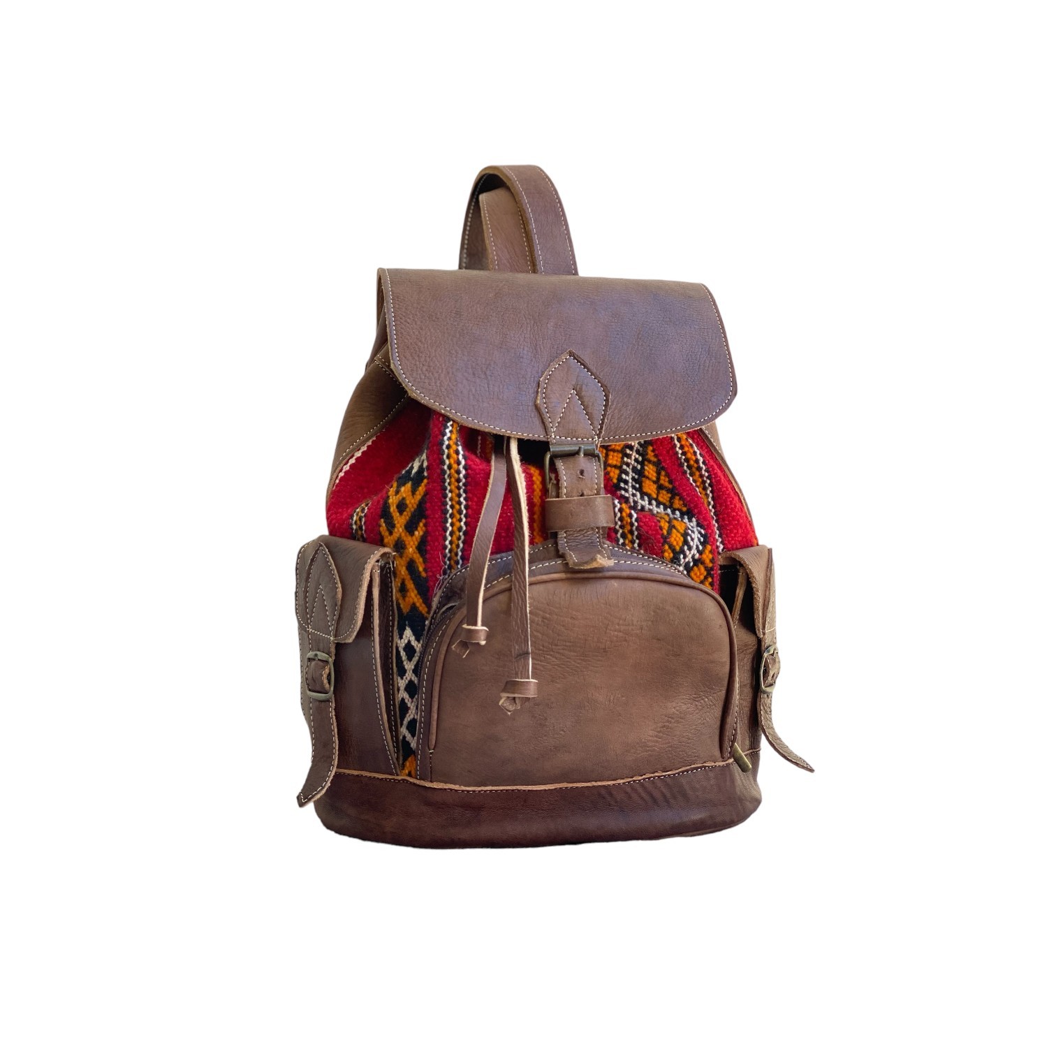 Brown Leather Kilim Backpack Red Handmade Morocco 2 Zip Pockets Artisan