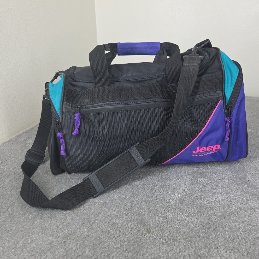 Jeep 90s Black Colorful Duffel Bag Travel Equipment Purple Black 17” X 10” VTG