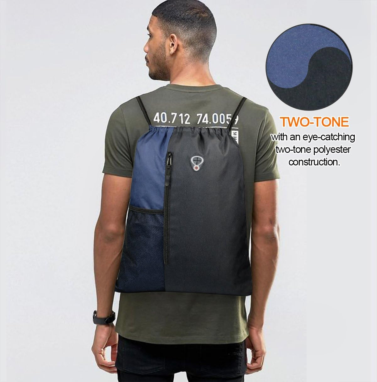 Drawstring Backpack Gym Bag with Pockets Water Bottle Mesh Black Navy