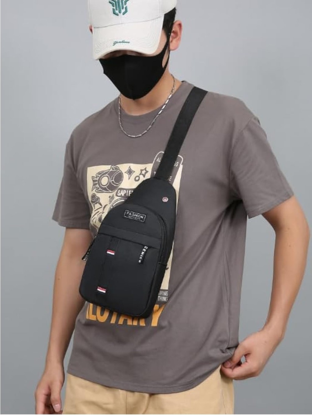 Fashion Black Crossbody Sling Chest Bag, Zip Closure, Adjustable Strap