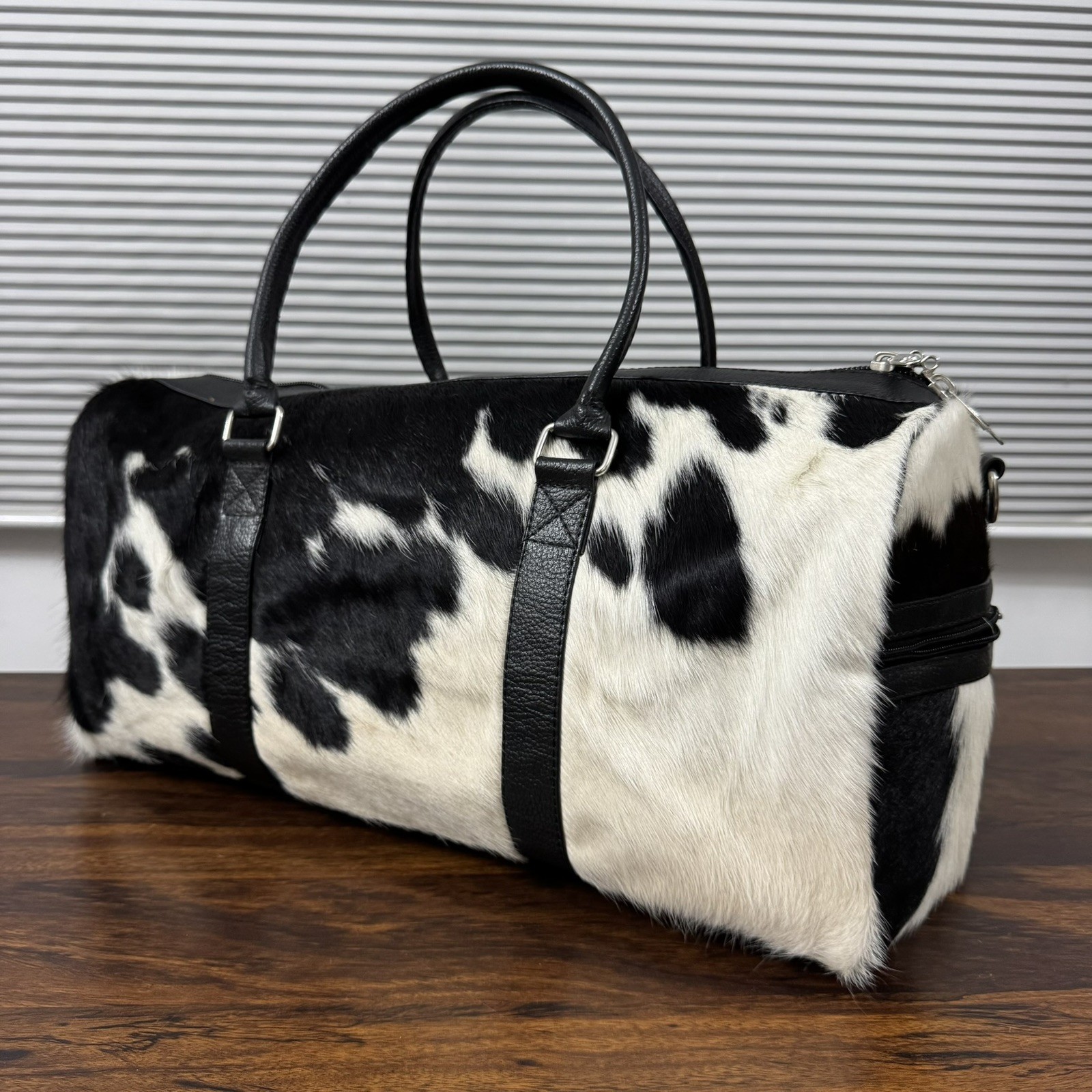 Real Cowhide Duffle Bag Black White Hair-On Leather Overnight Weekender Bag Gift