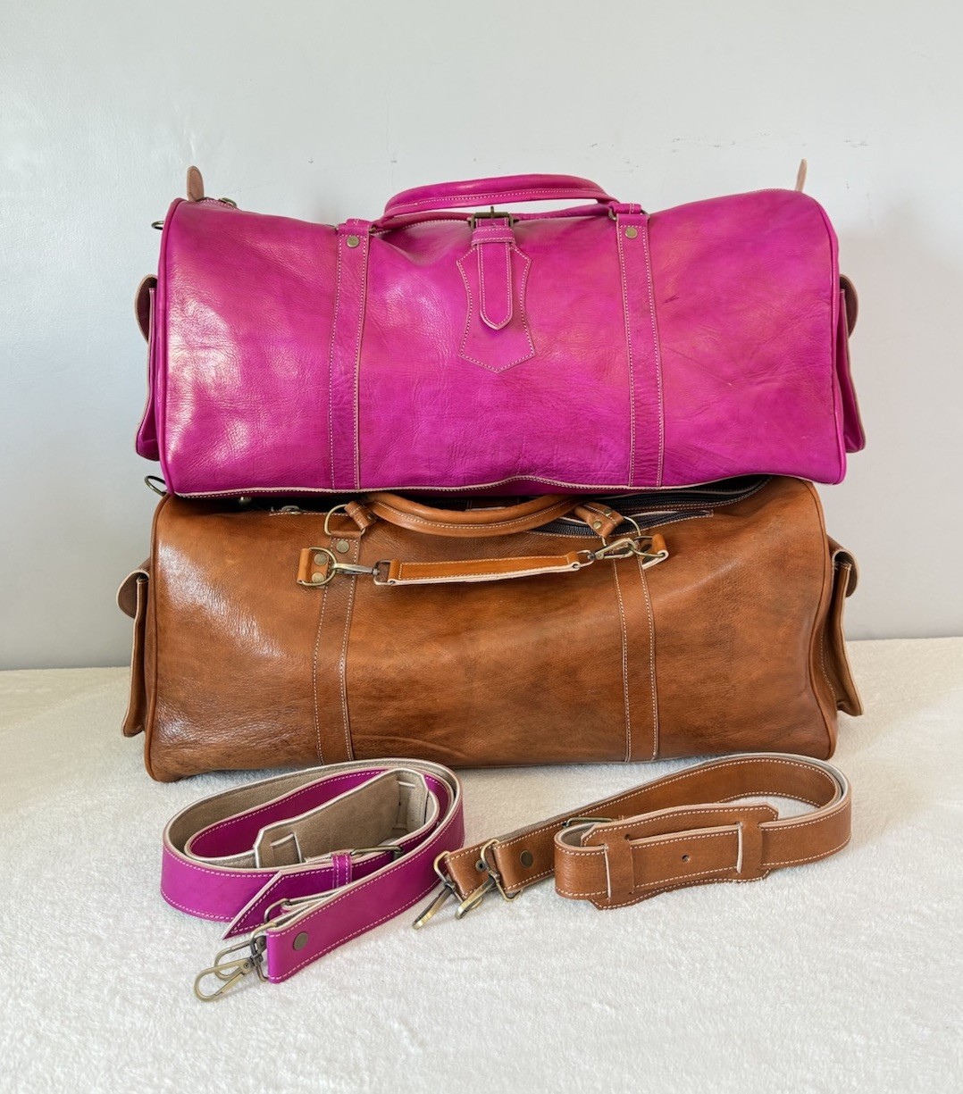 Set of 2 Genuine Leather Travel Bags Rose & Cognac 65cm Handmade Morocco