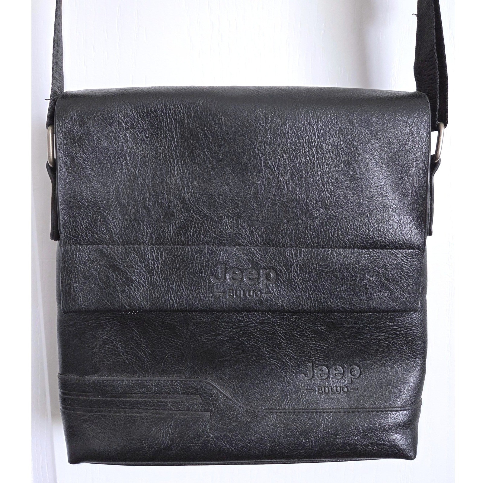 Jeep Buluo Black Vegan Leather Crossbody Messenger Bag Adjustable Strap