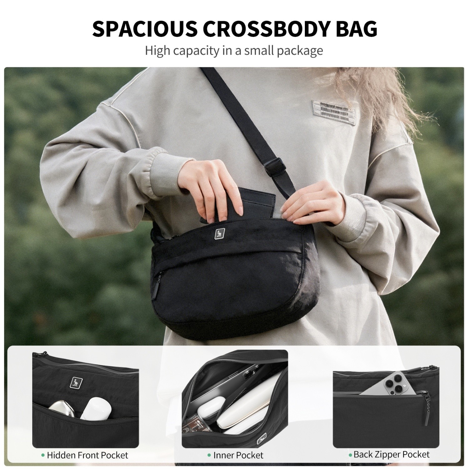 OIWAS Crossbody Bag Lightweight Adjustable Sling Bag Men Women Crecent Bag Black