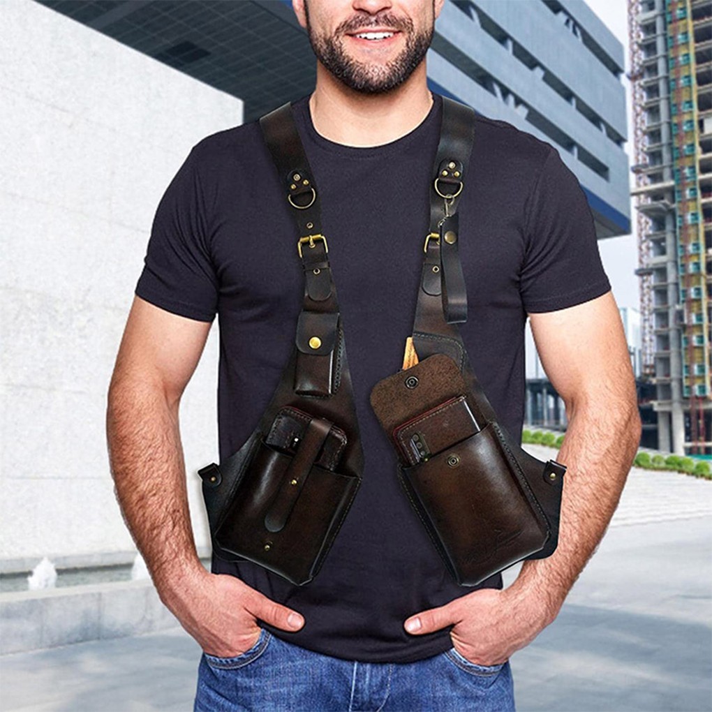 Steampunk Shoulder Harness Bag PU Leather Underarm Holster Phone Pouch Black