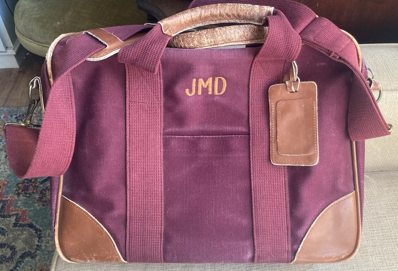 Lands End Deluxe Square Rigger Briefcase Burgundy Red Canvas Brown Leather JMD