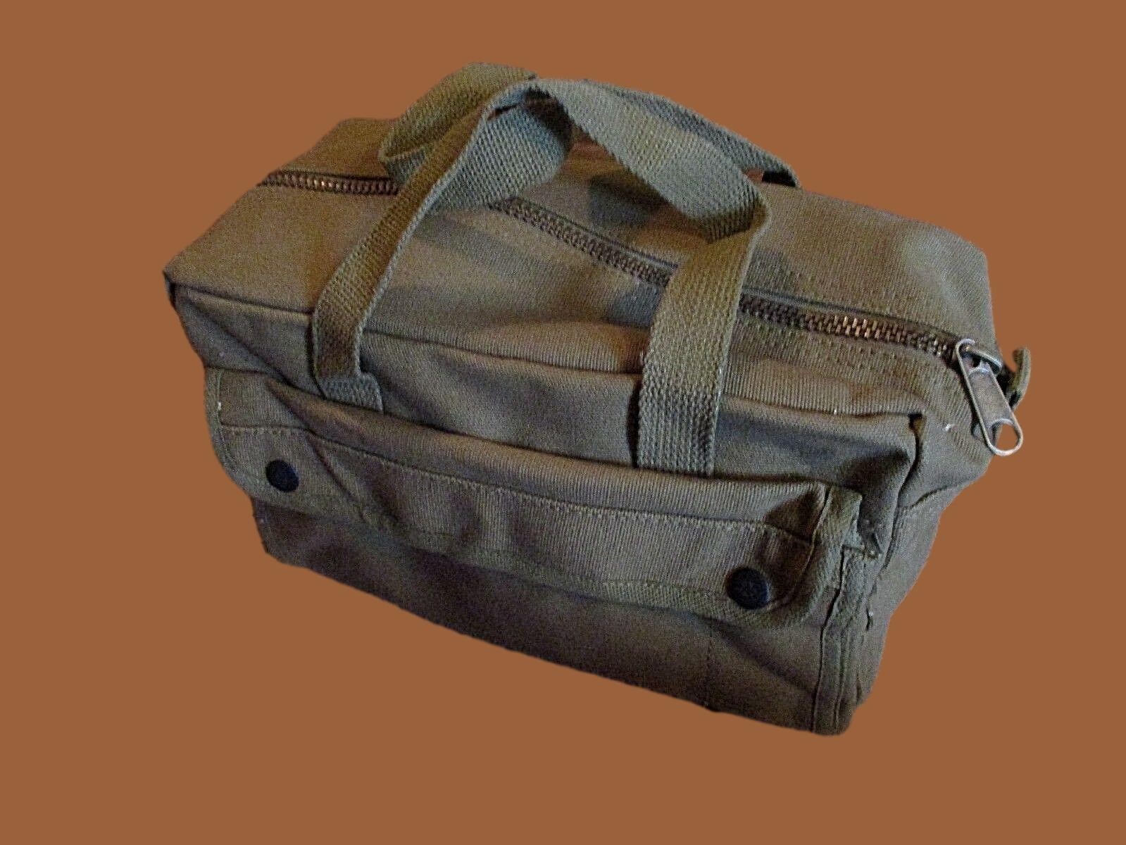 HEAVY DUTY OD GREEN MILITARY STYLE MECHANICS HARD BOTTOM TOOL BAG BRASS ZIPPER
