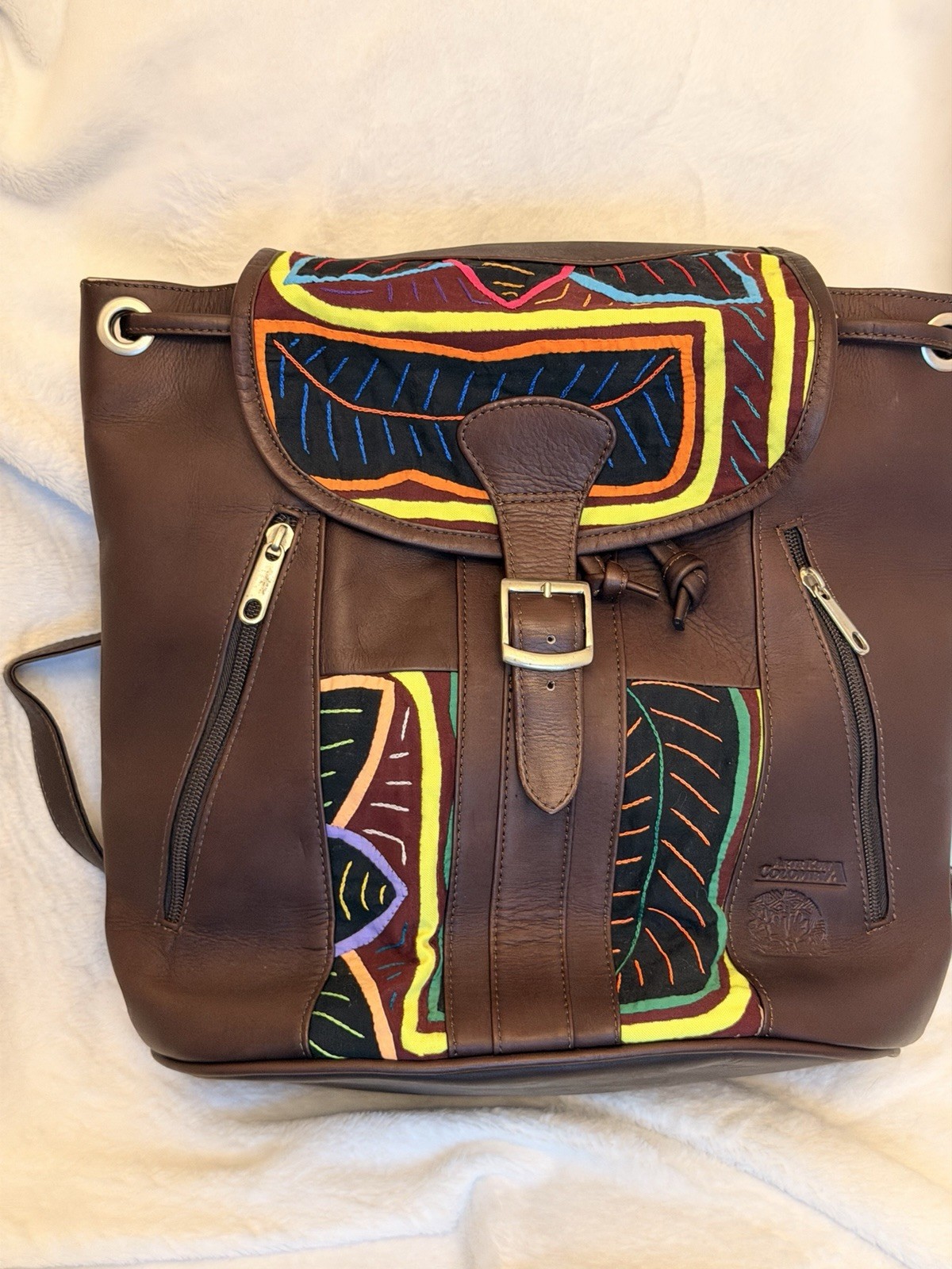 Authentic Colombian Leather Mola Backpack Artisan Handcrafted Geometric Boho Bag