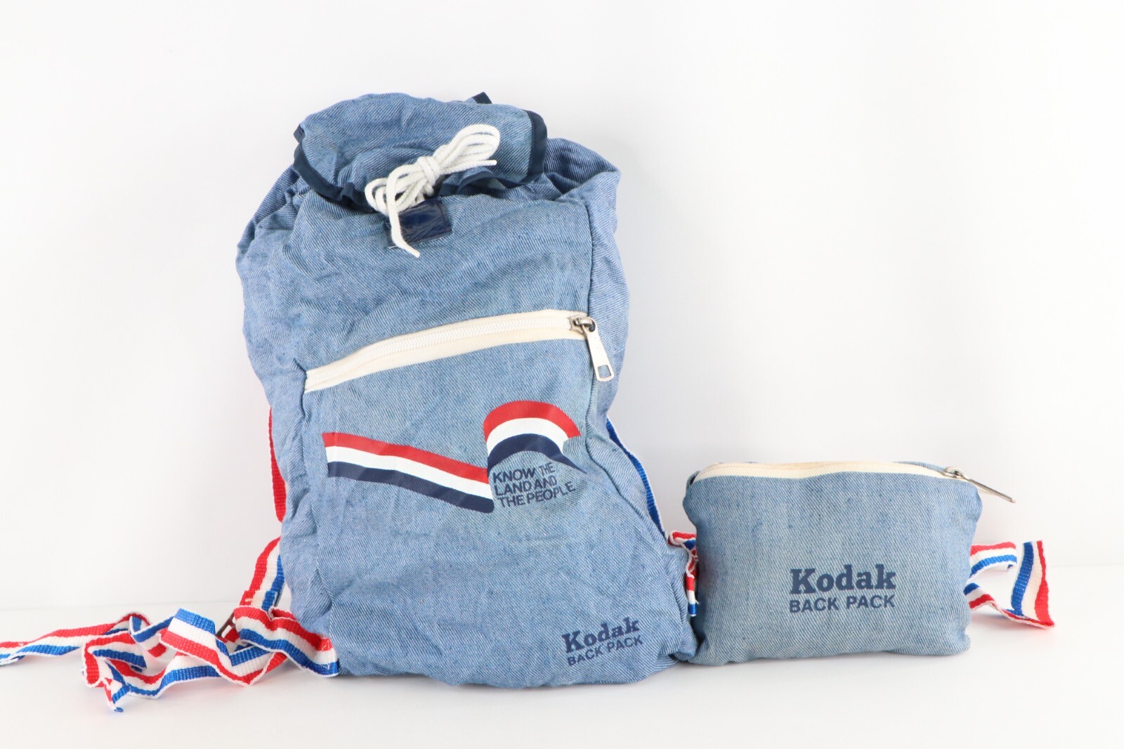 Vtg 70s Kodak Spell Out Chambray Denim Mini Top Loader Packable Backpack Bag USA