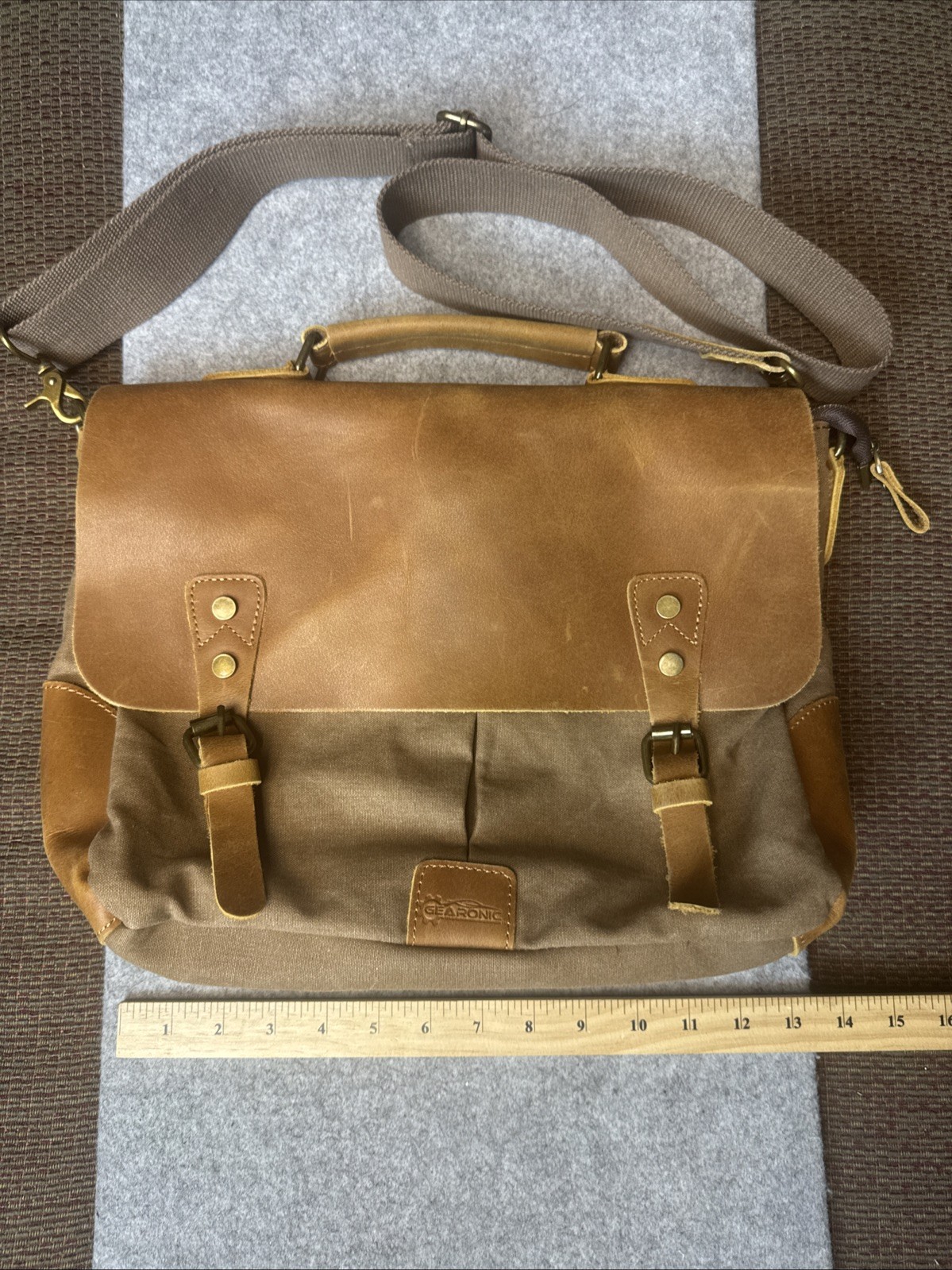 Gearonic Messenger Bag Leather & Canvas Brown Computer Shoulder Strap Magnetic