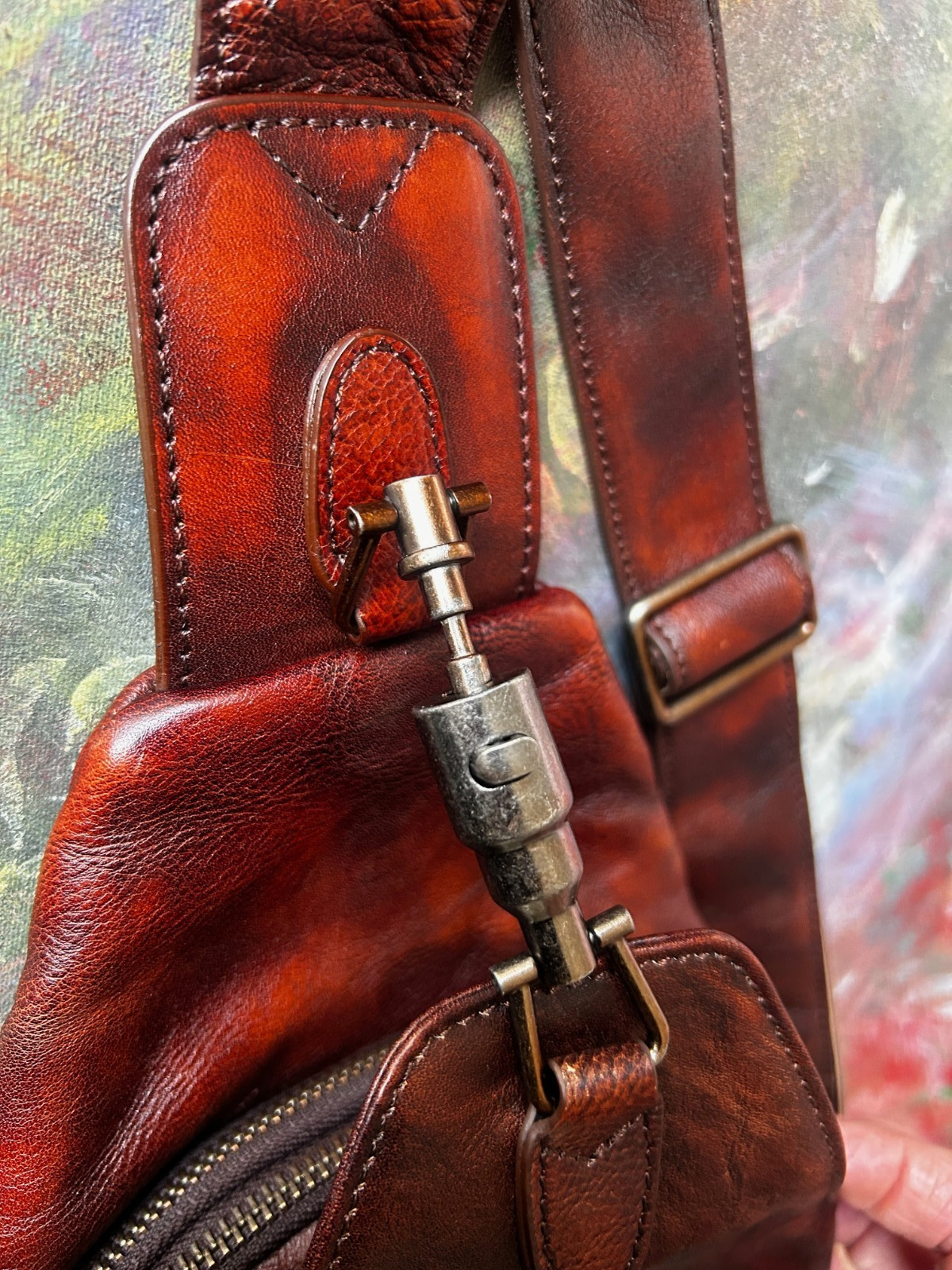 Reddish Brown Leather Sling Bag, Multi-Compartment, Medium Size, Unbranded