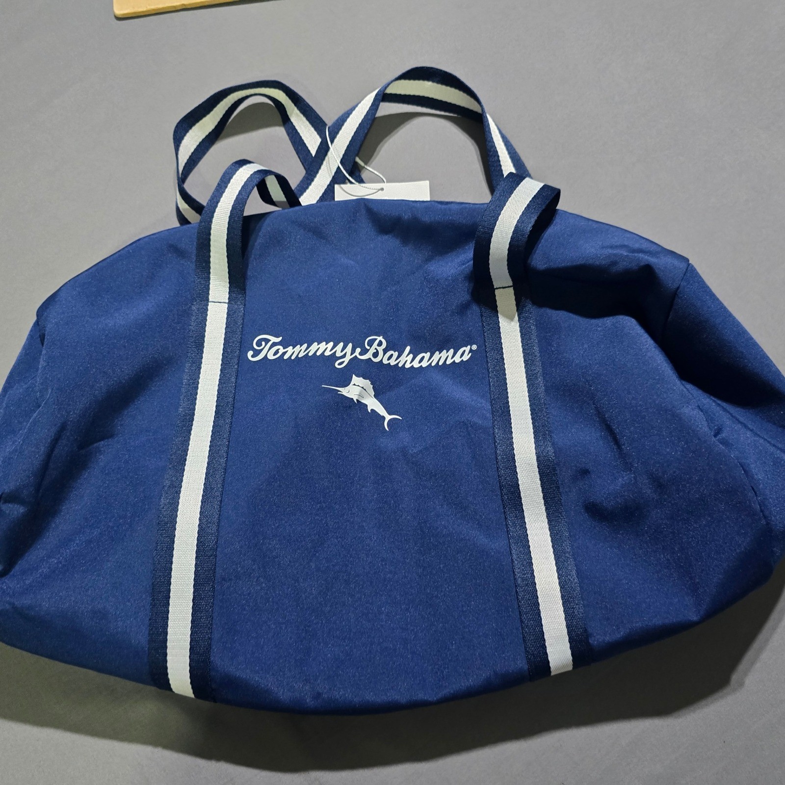 Tommy Bahama Duffel Bag Mens Large Navy Blue Marlin Logo Striped Travel Gym