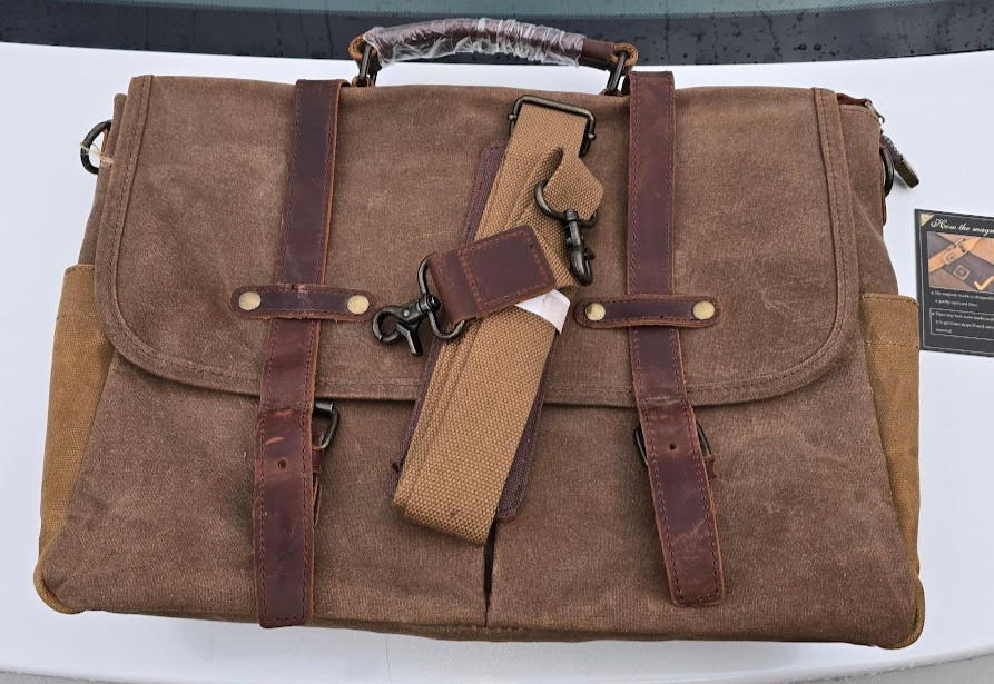 NEWHEY Water Resistant Magnetic Closure Messenger Bag Leather Canvas & Strap NWT