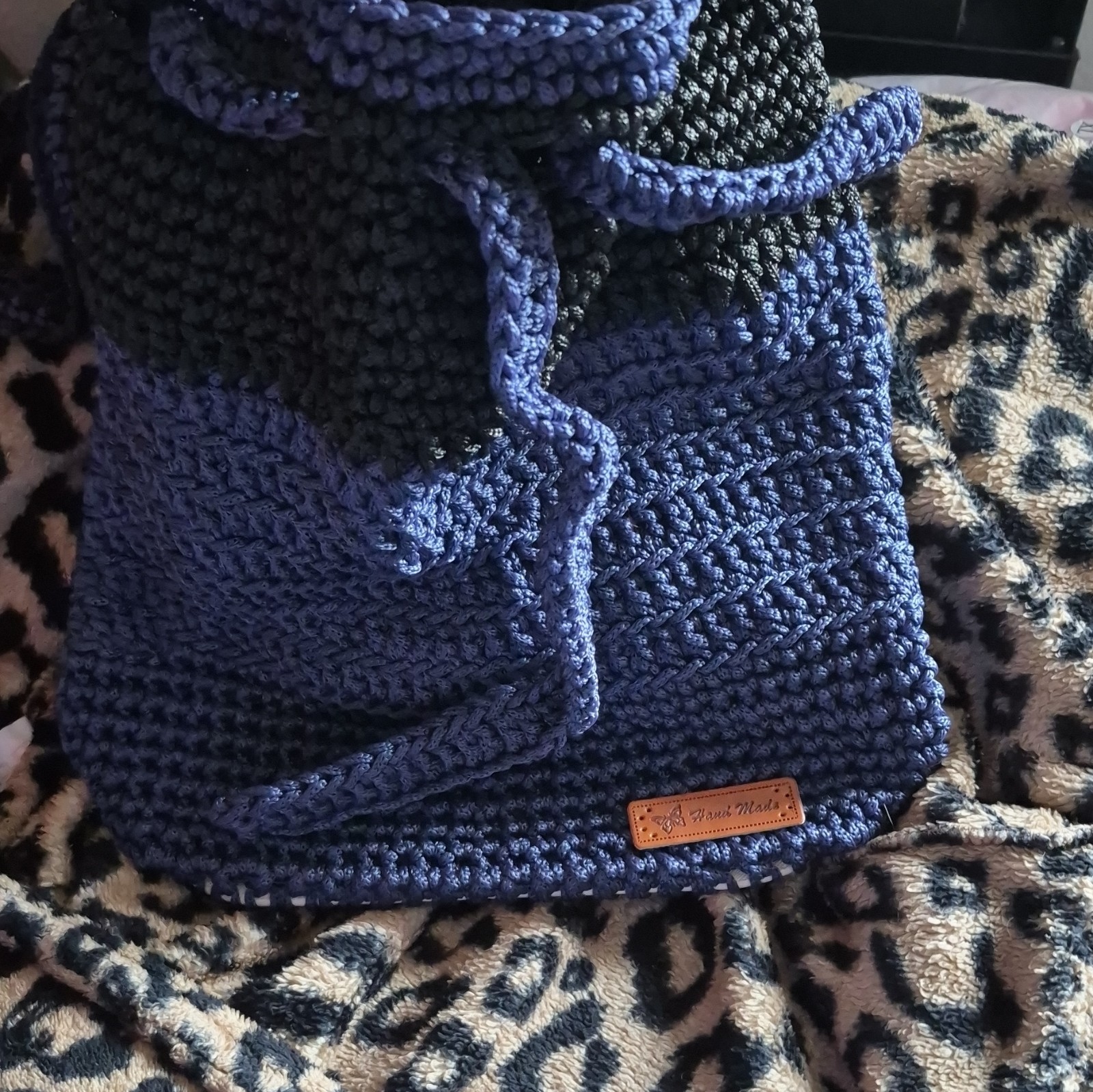 Handmade Crocheted Knit Drawstring Shoulder Bag, Blue/Black Colorblock Unisex