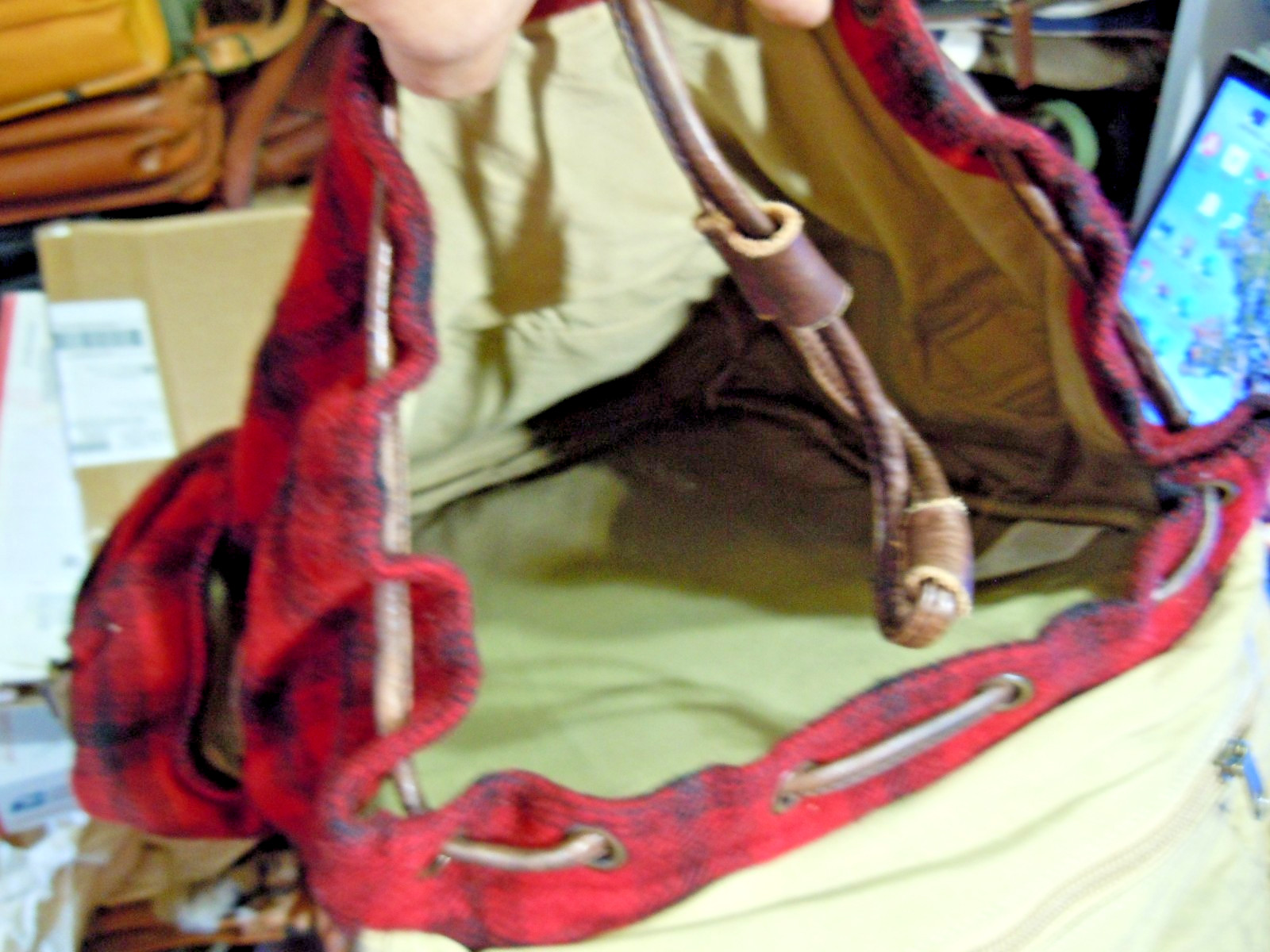 VTG LL Bean BACKPACK RUCKSACK wood Plaid Brown LEATHER Large “. #9