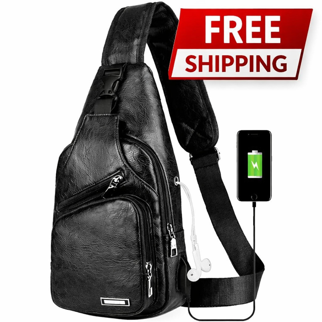 Peicees Chest Crossbody Bag Sling Backpack for Men with USB Charge Port