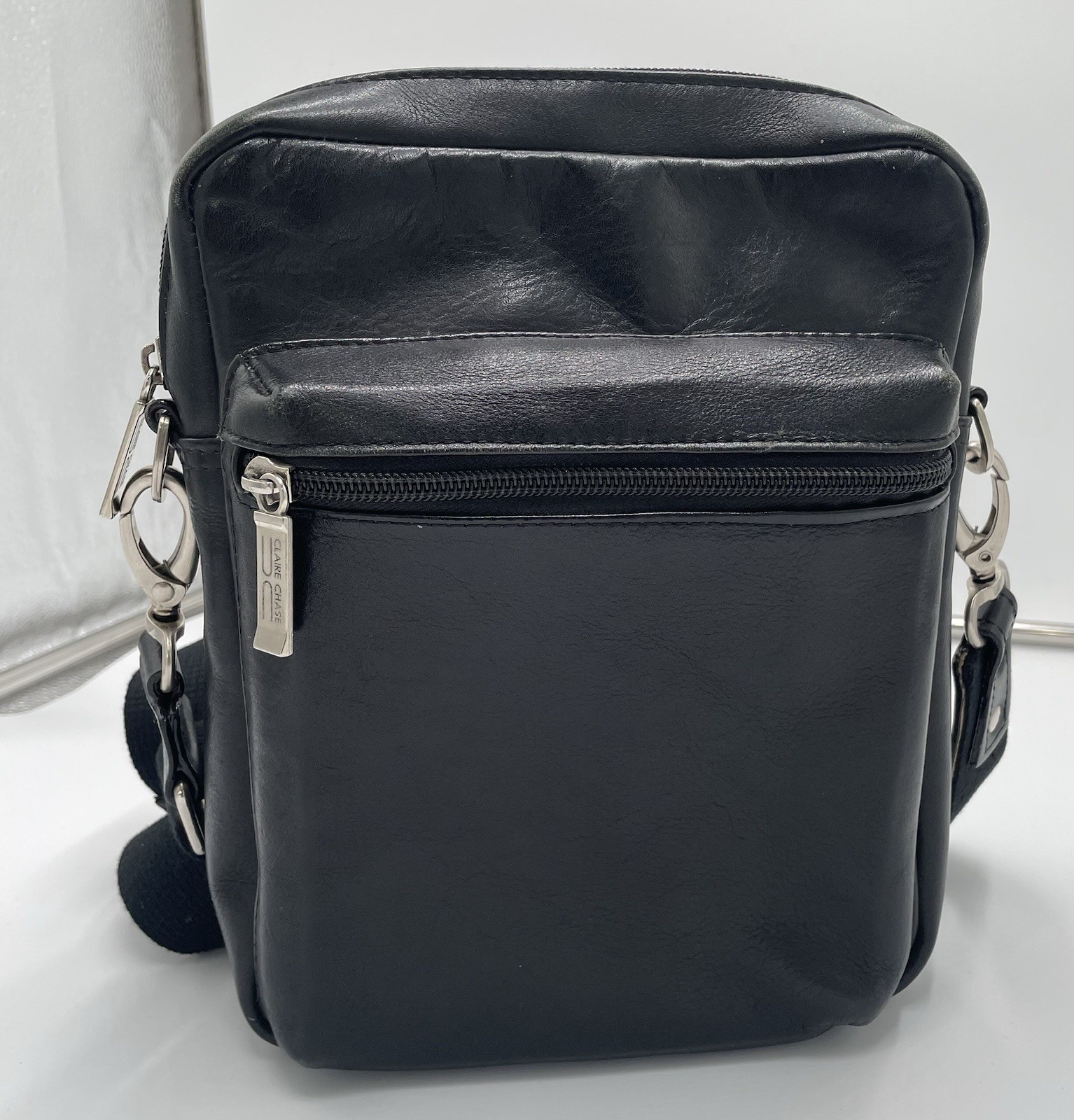 Claire Chase Black Leather Vertical Crossbody Messenger Bag Medium