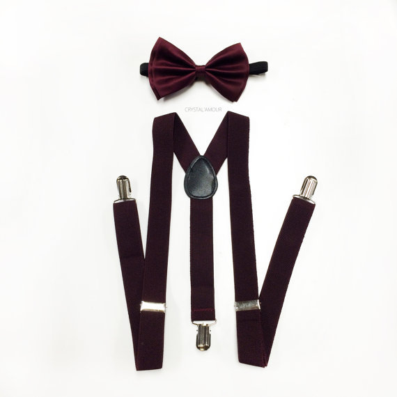 Adult MAROON Suspenders and Bowtie Set Wedding Prom Groomsmen Dark Burgundy