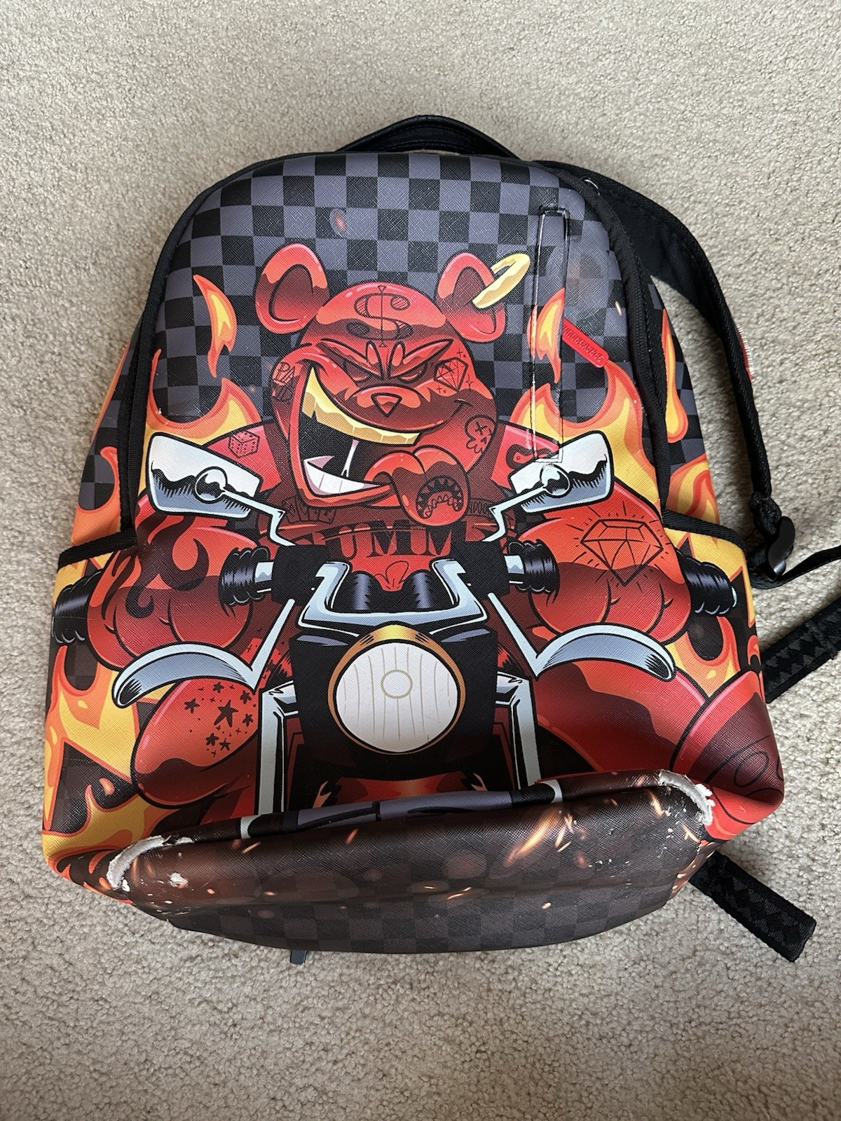 Sprayground Checkered Diablo Backpack Money Bear Gummy Books Bag Motorcycle