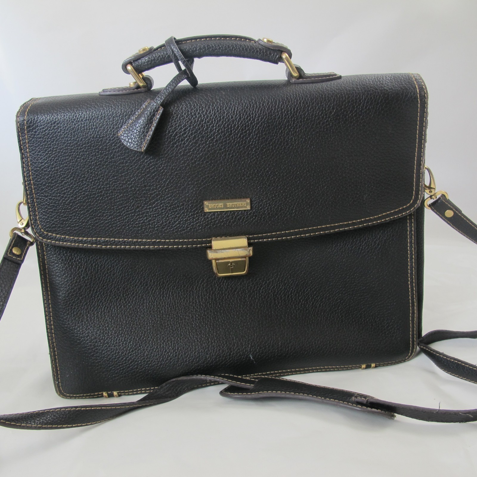 Brooks Brothers Black Pebbled Leather Briefcase Attache Laptop Bag