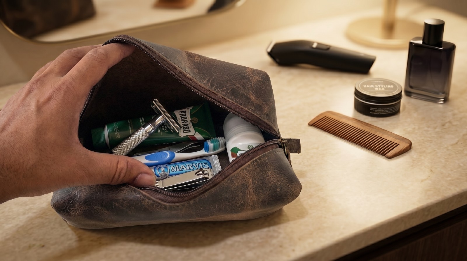 Personalized Leather Toiletry Bag, Engraved Dopp Kit, Rustic Travel Shaving Bag