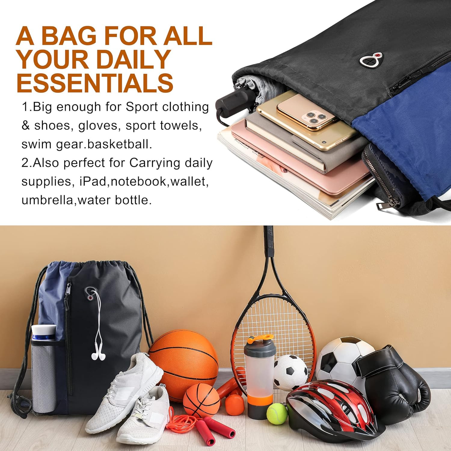 Drawstring Backpack Gym Bag with Pockets Water Bottle Mesh Black Navy