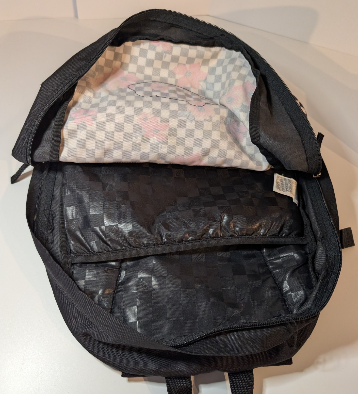 Vans Off The Wall Backpack Black White Checkered Floral with Pink Roses, Daypack