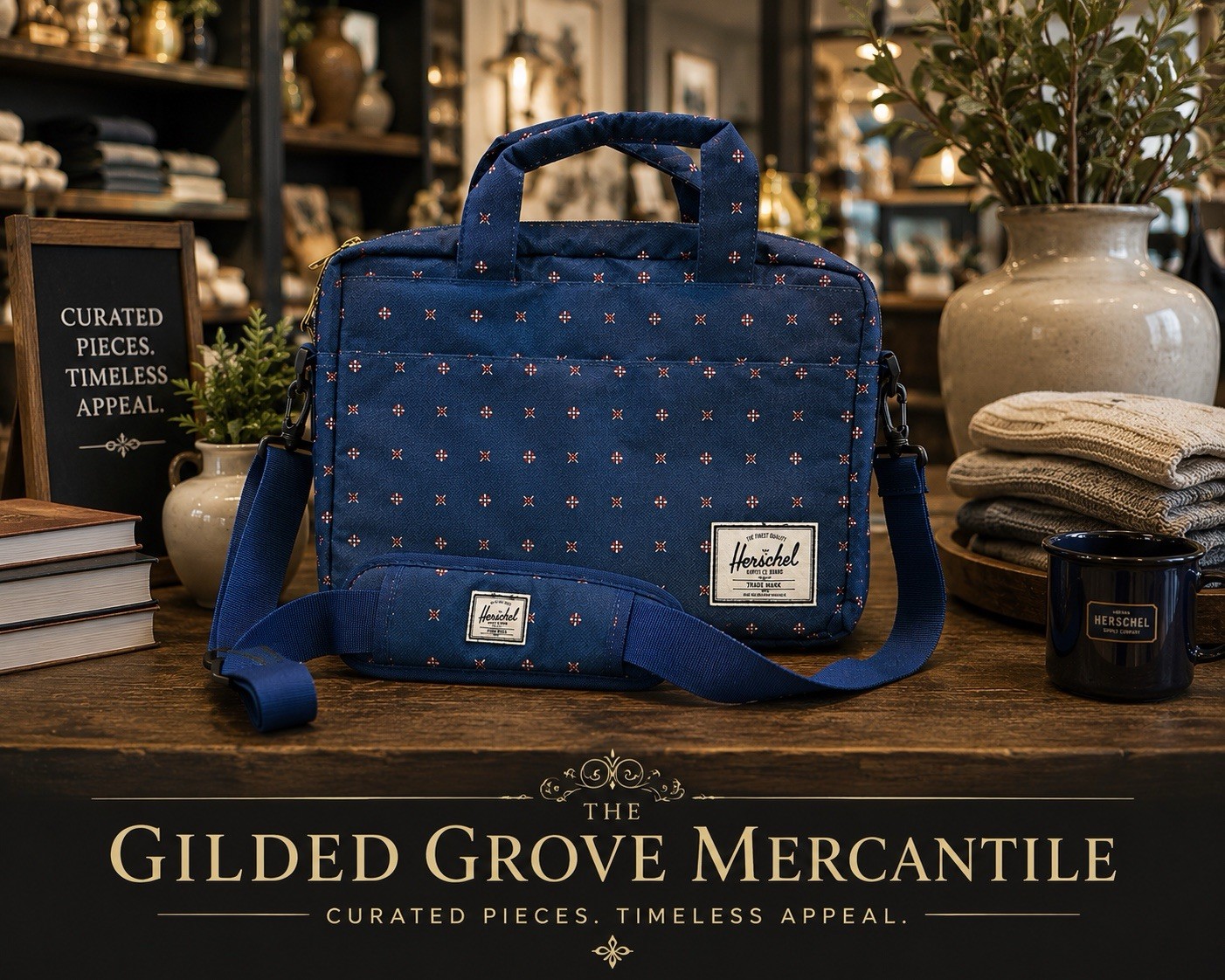 Herschel Blue Geometric Print Laptop Messenger Briefcase Shoulder Bag 15” NWOT