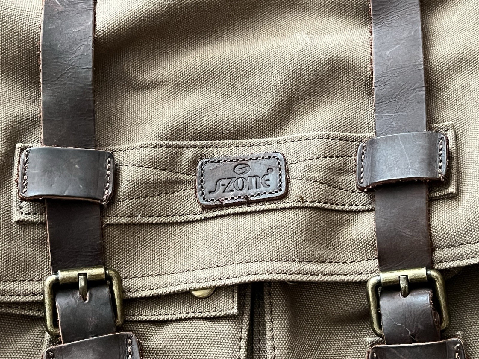 S-ZONE Brown Leather Canvas Zip Button Multi Pocket Shoulder Strap Messenger Bag