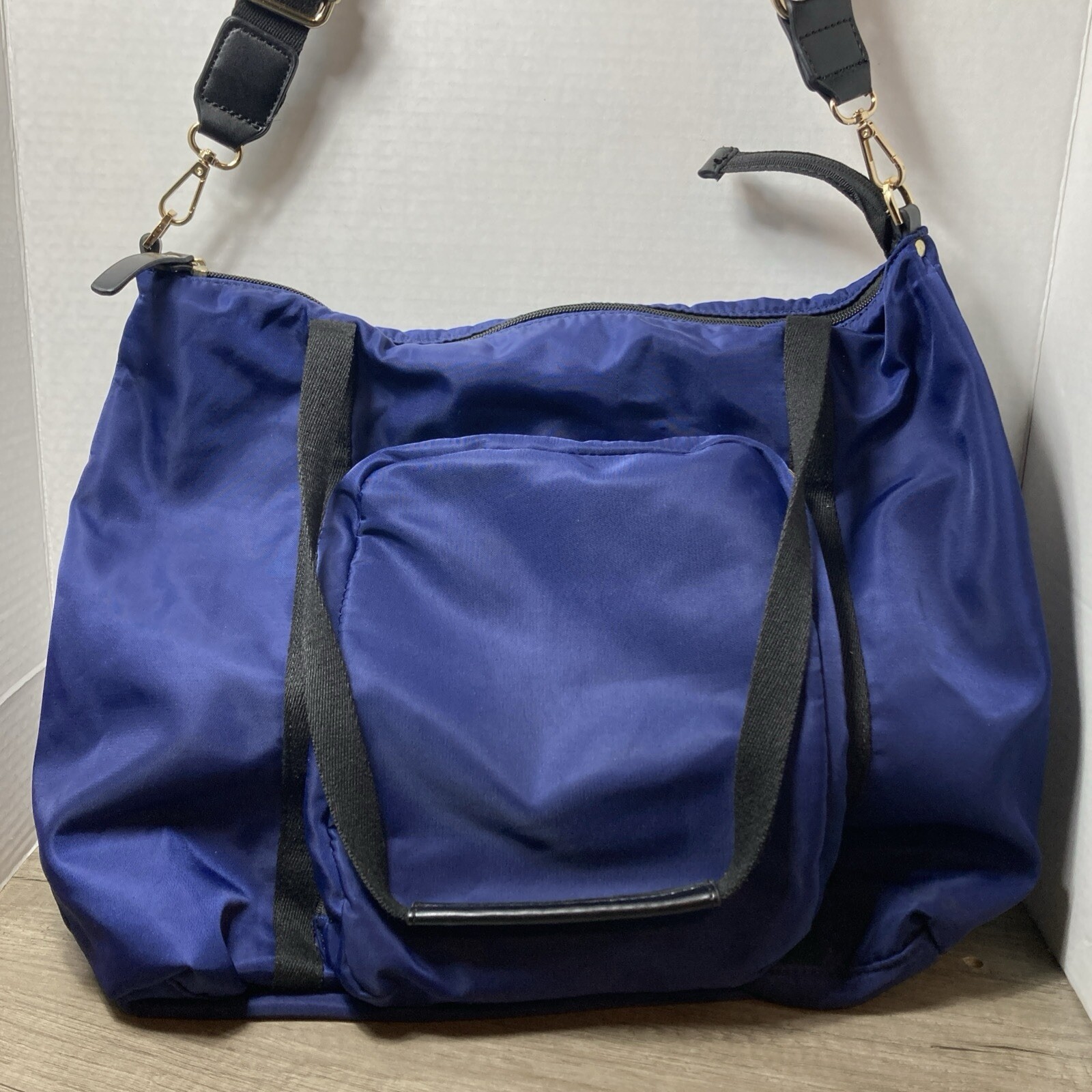 Black Rivet Blue Black Nylon Book Bag Crossbody Strap Handle Zip Satchel