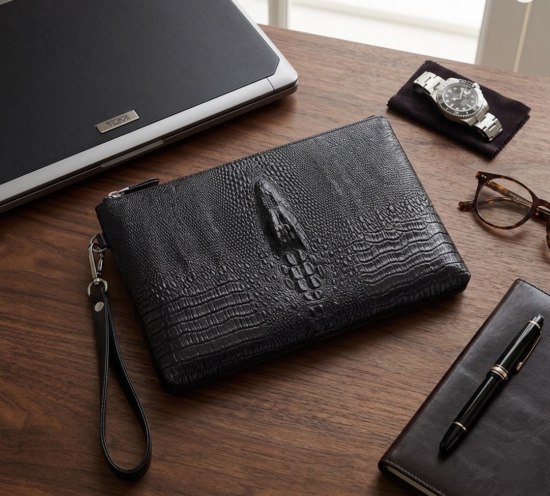 Black Crocodile Embossed Leather Clutch | Mens Luxury Wristlet Bag