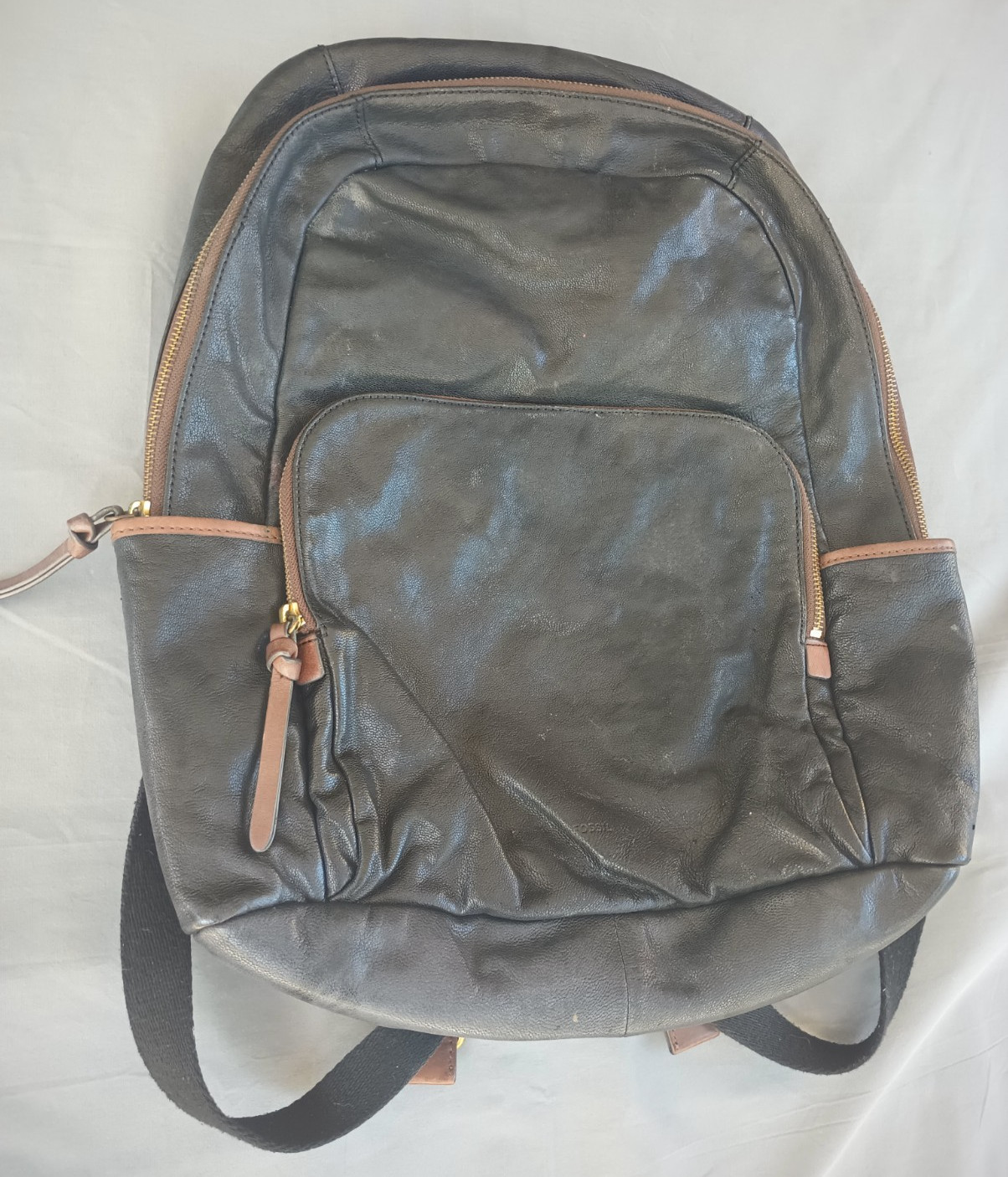 Fossil Goat Hide Leather Multi Pocketed Backpack Black Brown Weathered