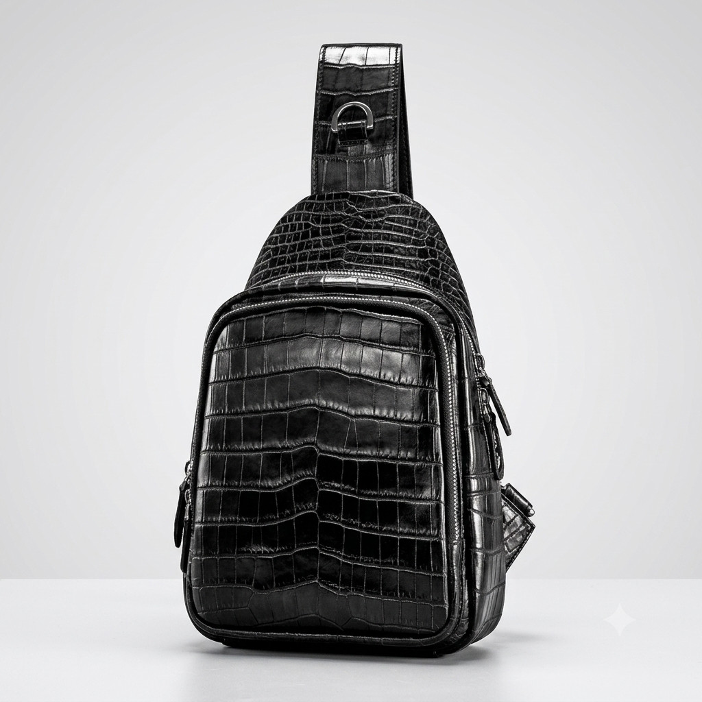 Black Crocodile Embossed Crossbody Sling Bag Men Travel Messenger Shoulder Bag
