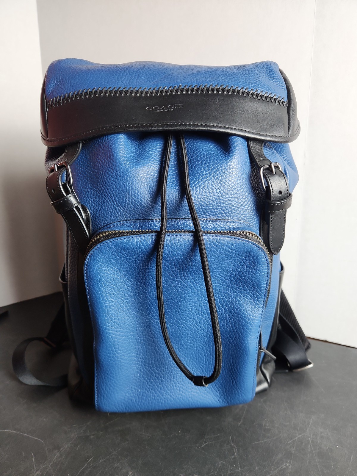 Coach Henry Pebbled Leather Backpack Carry Bag Blue Black F56013 Large Size