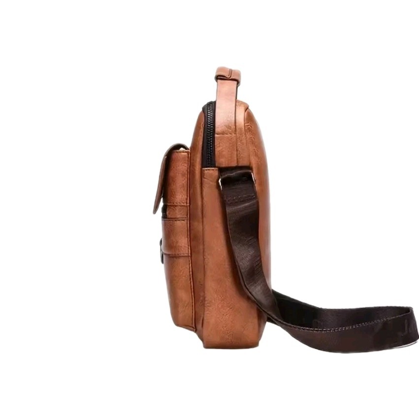 Men’s Genuine Leather Crossbody Small Travel Shoulder Multi Pocket Bag (Brown)