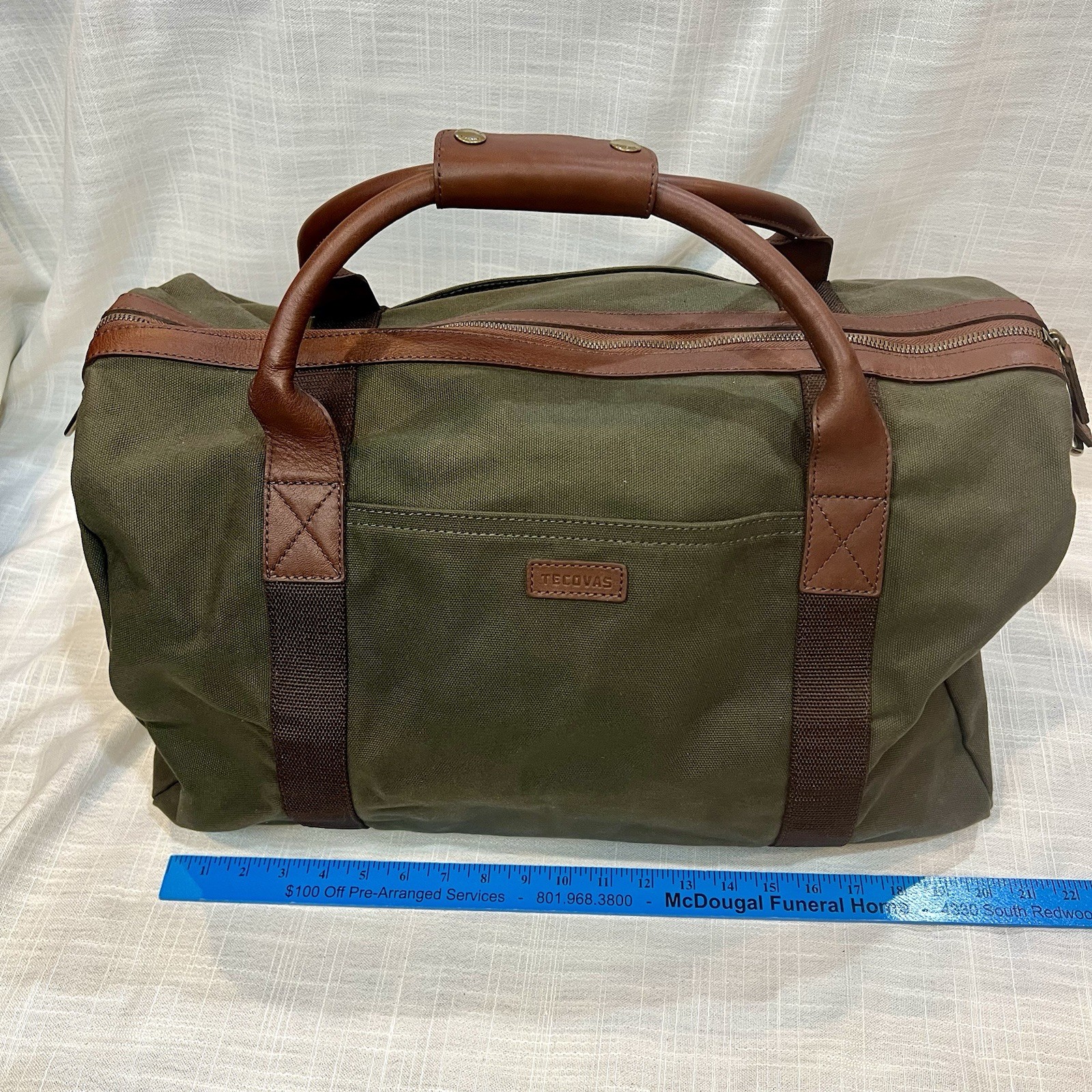 Tecovas Large Olive Green Canvas Duffle Bag Weekender Canvas and Leather w/Strap