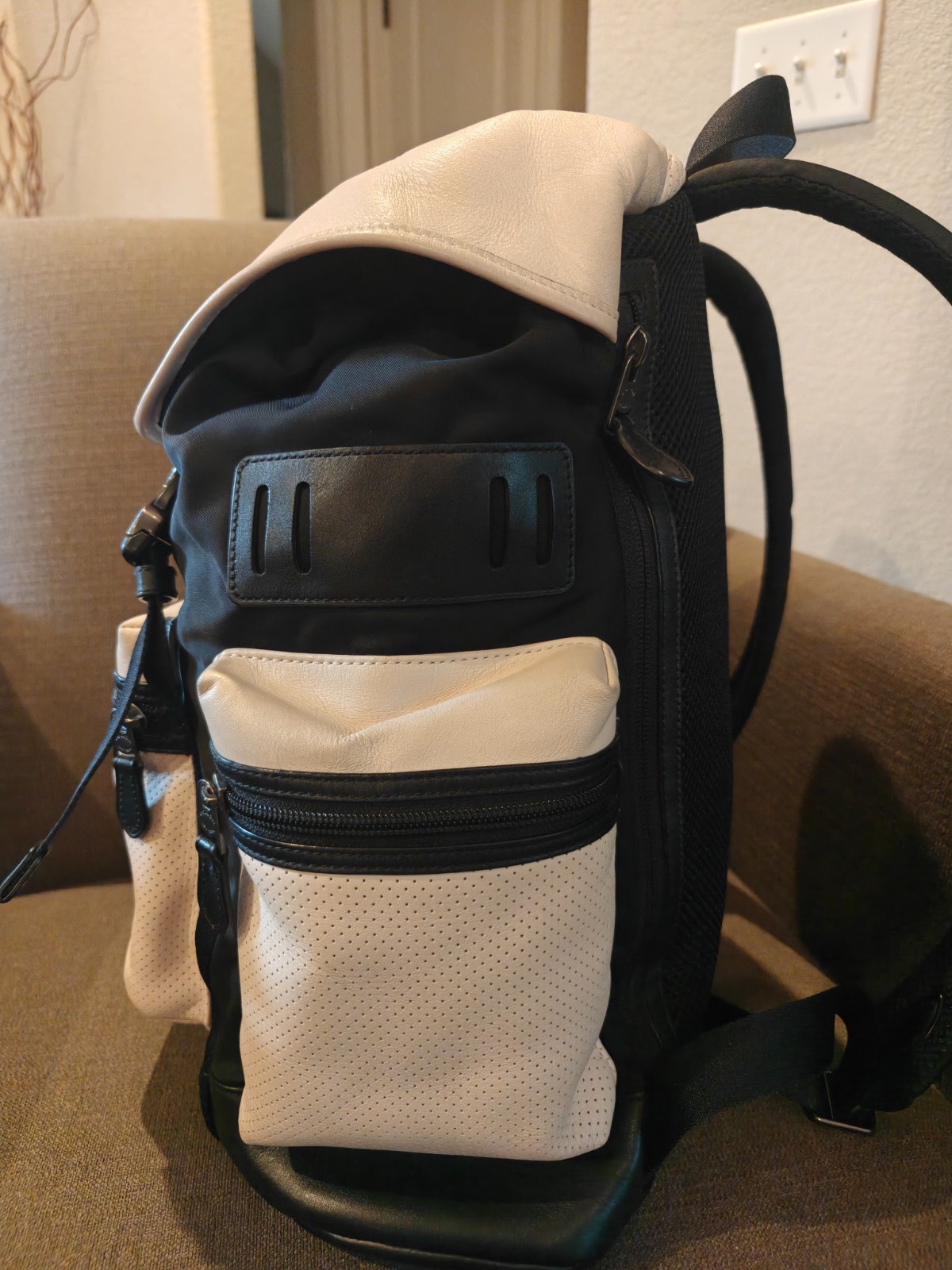 Coach Terrain Trek Backpack Perforated Leather Laptop Bag Black Chalk F57477