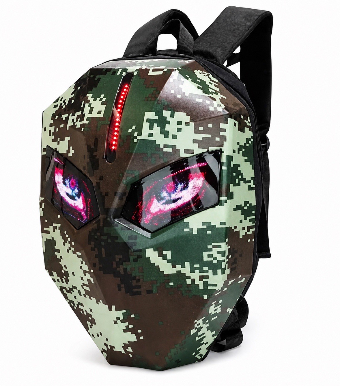 Futuristic Hard Shell LED Lights Backpack, Digital Camo, USB Charging Port, Zip
