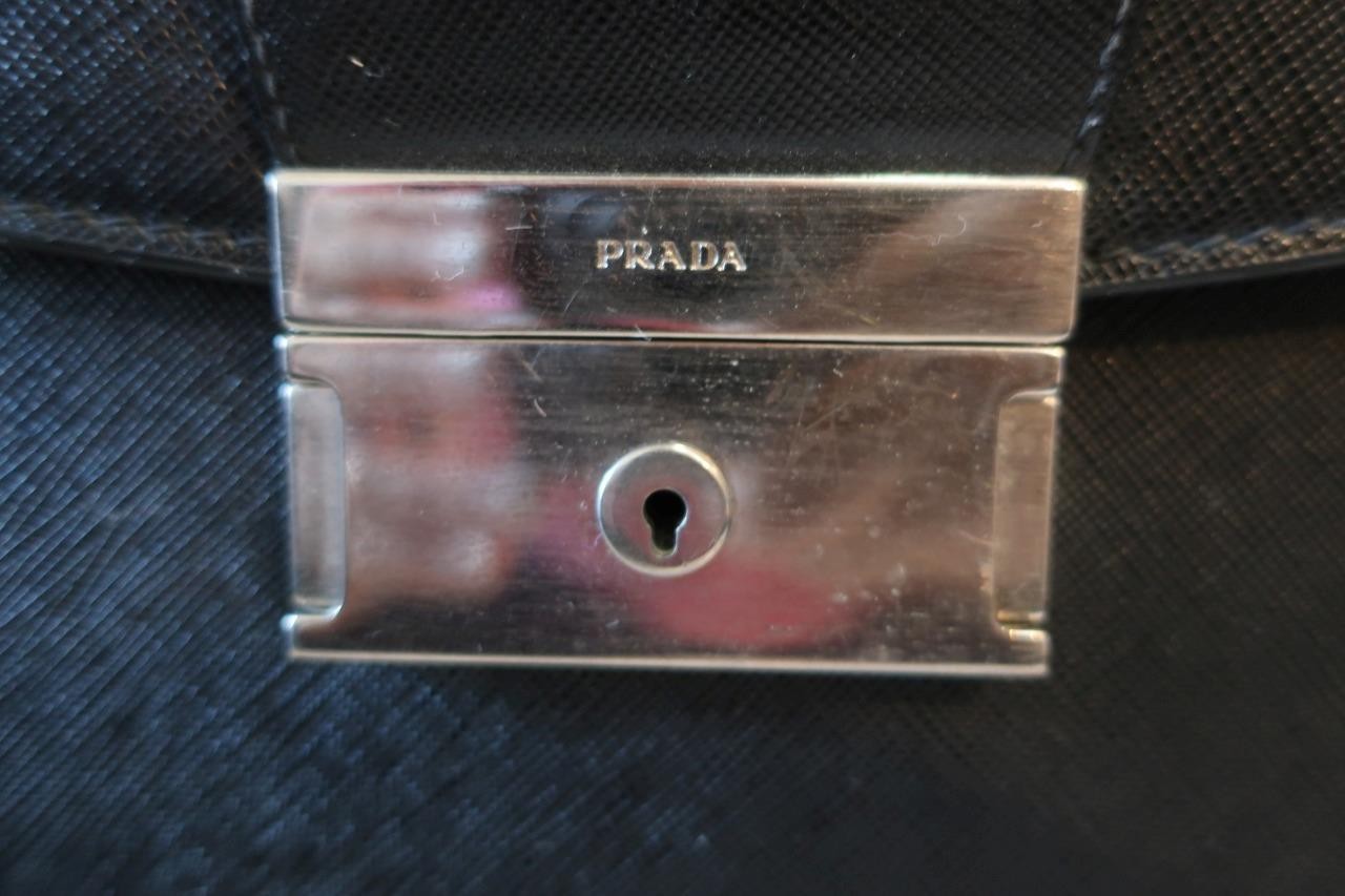 Authentic Mens Prada Saffiano Grained Leather Black Key Lock Cartella Briefcase