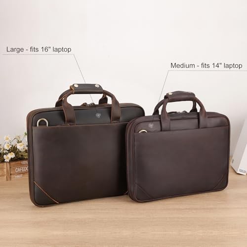 Leather Slim Briefcase for Men 15.6″ Laptop Small-Fits 14″ Laptop Deep Brown
