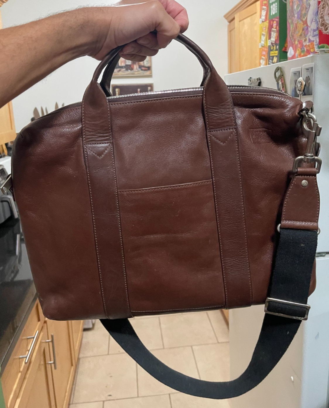 Jack Spade Mens Brown Leather Messenger Laptop Bag W Canvas Straps Career Work