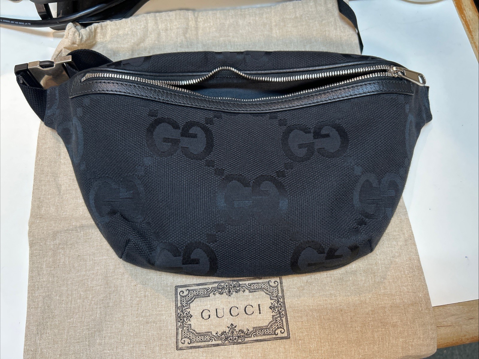 Gucci Monogram Jumbo GG Black Canvas Fanny Belt Bag